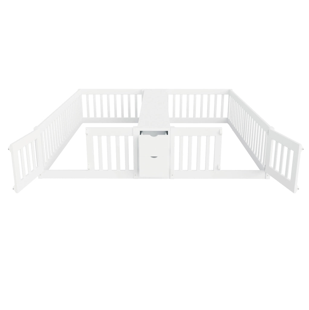Letto 90x200 cm con ripiani e cassetti; sponde alte in legno bianco