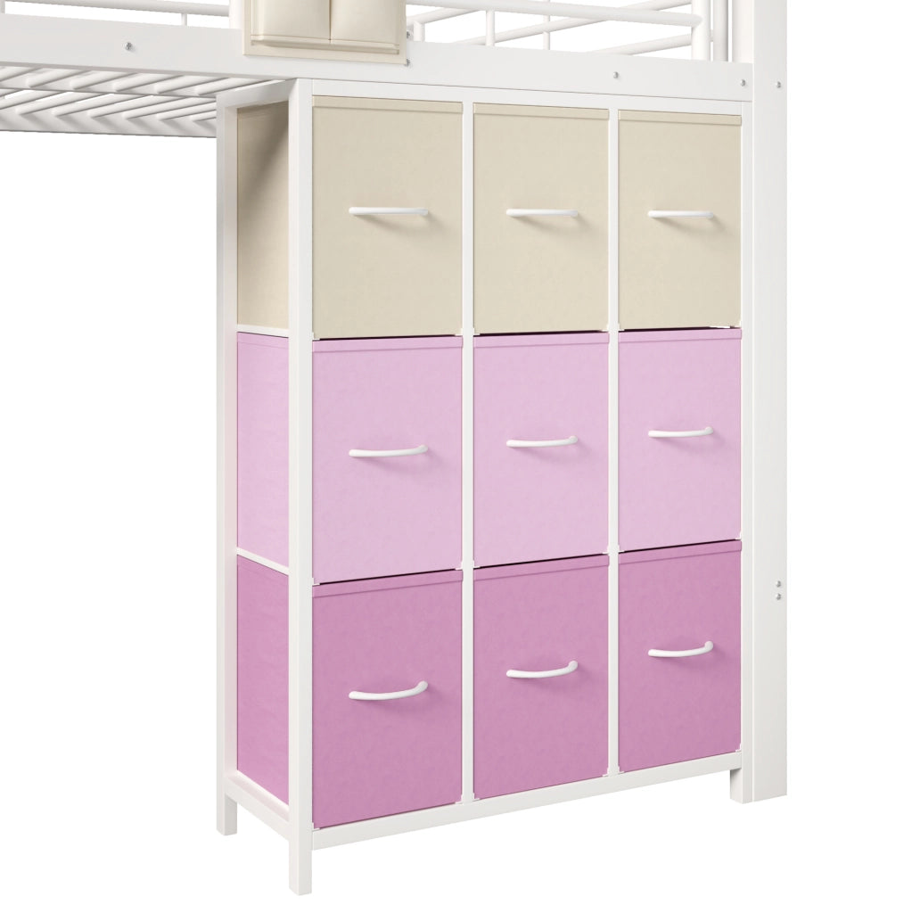Letto a soppalco 140x200 cm in metallo e MDF; con cassetti; armadio e scala; bianco