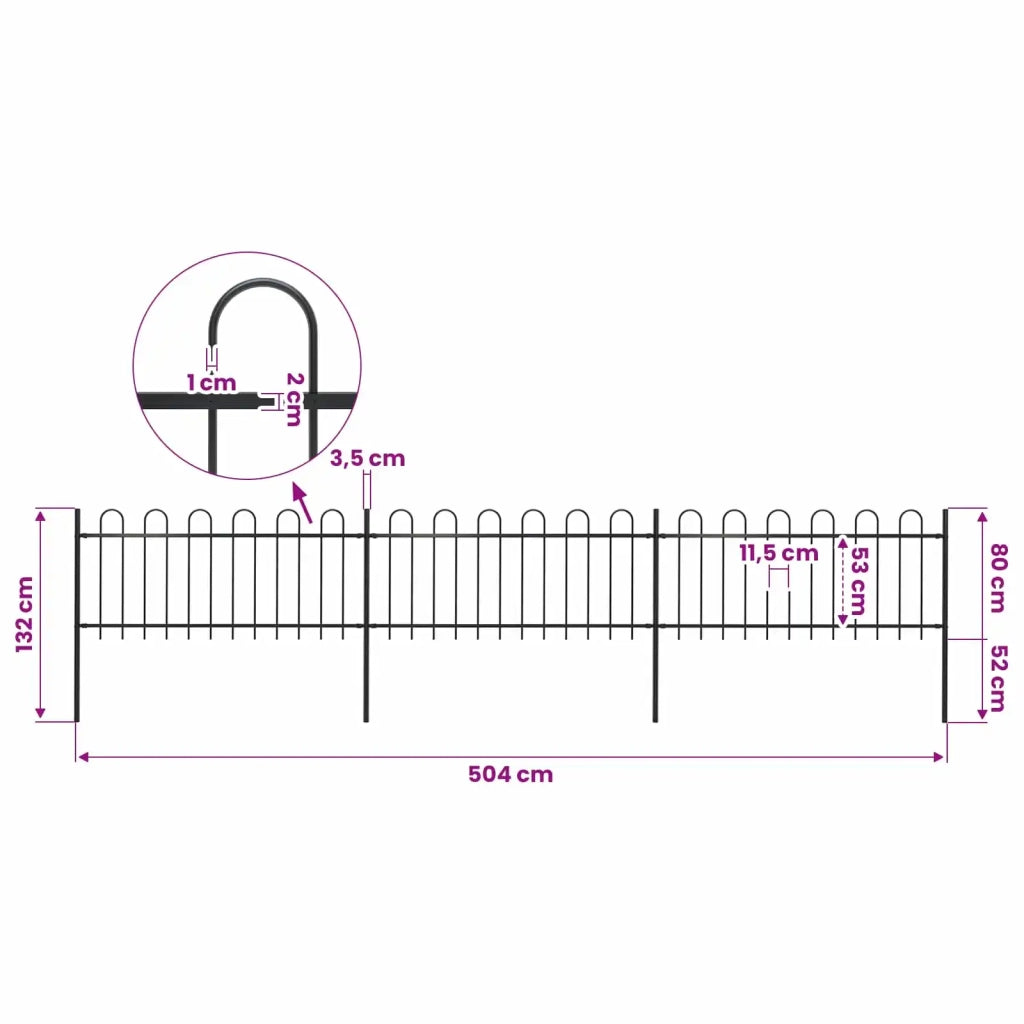 Recinzione da Giardino con Parte Superiore ad Anello in Acciaio 504x80 cm Nera 277649