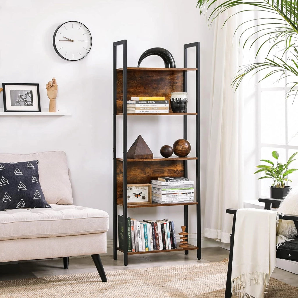 VASAGLE Libreria, scaffale da cucina, 5 livelli, telaio in acciaio stabile, per ufficio, ingresso, soggiorno, stile industriale, marrone rustico e nero LLS025B01