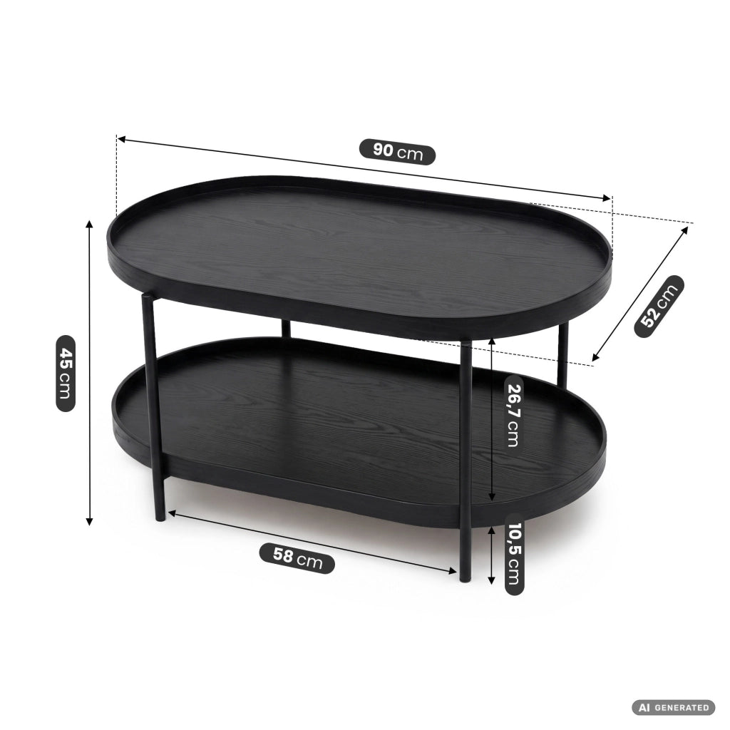 Tavolino da salotto stile loft CORTADO 90 cm ovale con ripiano nero gambe nere