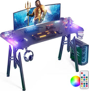 Tavolo da gioco con LED da gioco, 140 x 60 cm, con supporto per bevande e gancio per cuffie, tavolo da gioco con rivestimento in fibra di carbonio, telaio M