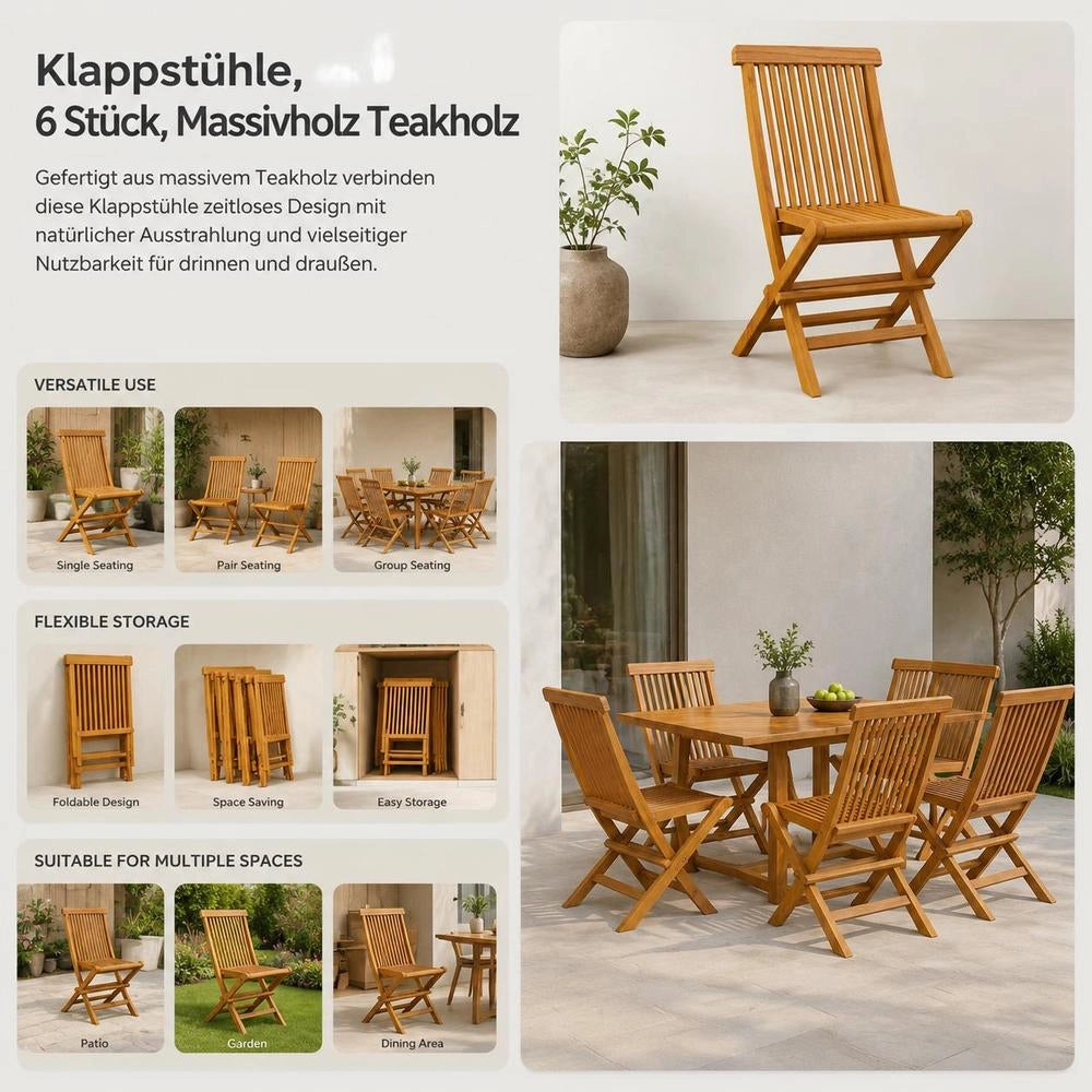 Folding Garden Chairs, Set Of 6, Made Of Solid Teak Wood