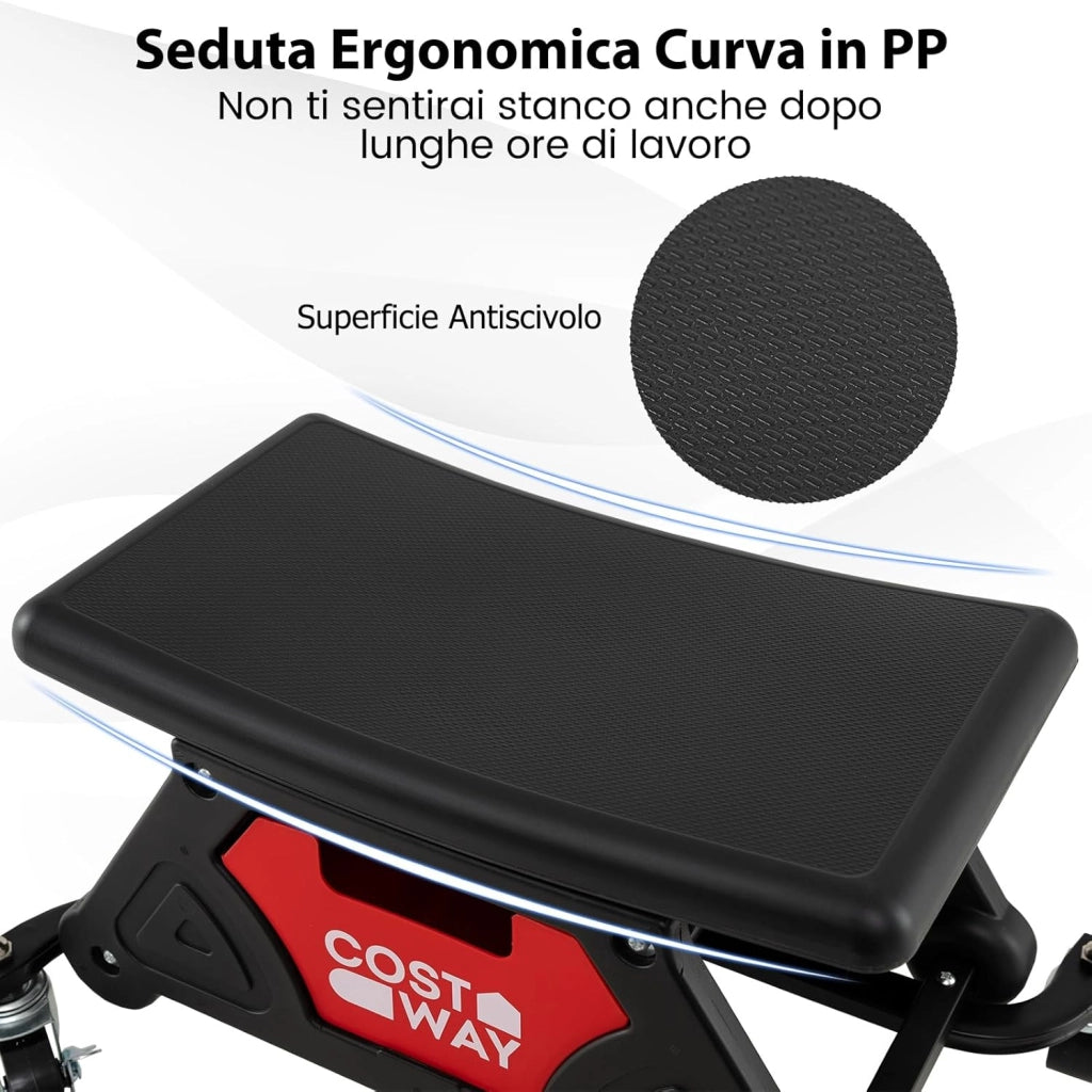 Sgabello da Officina con Ruote, Sedia Meccanico con Cassetto Estraibile e 2 Vassoi Divisori, Capacità di 135 kg, per Riparazione Auto, per Garage e Officina
