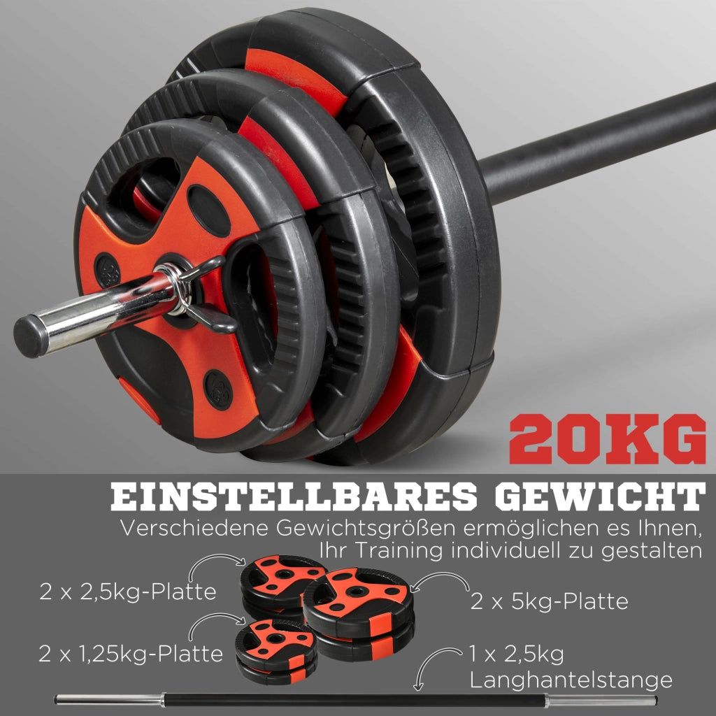 Set Bilanciere 20 kg ¨C Xylo ¨C 6 Dischi: 2x5kg, 2x2,5kg, 2x1,25kg, Barra Antiscivolo, Nero e Rosso
