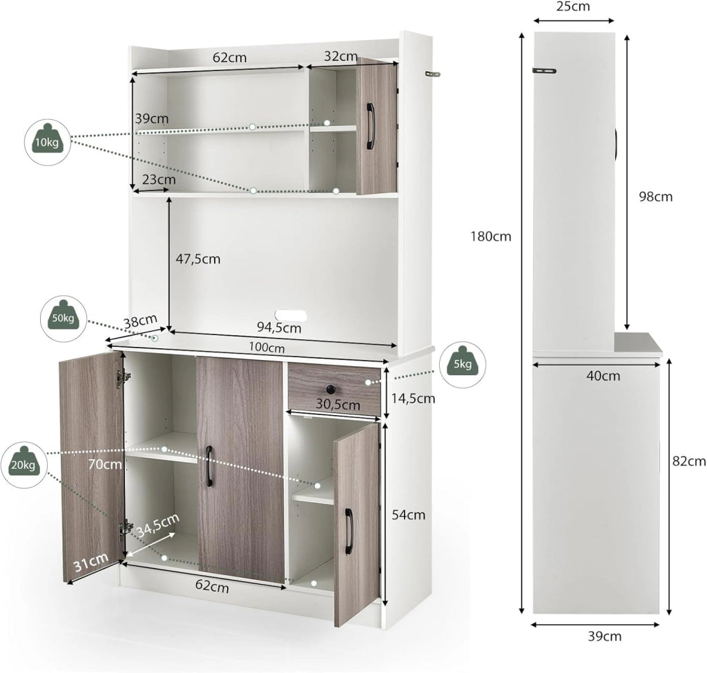 COSTWAY Armadio da Cucina Alto 180 CM, Credenza Alta da Cucina con Armadietti e Cassetto, Stazione di Ricarica Integrata, Ripiani Regolabili, 100 x 40 x 180 cm (Bianco)