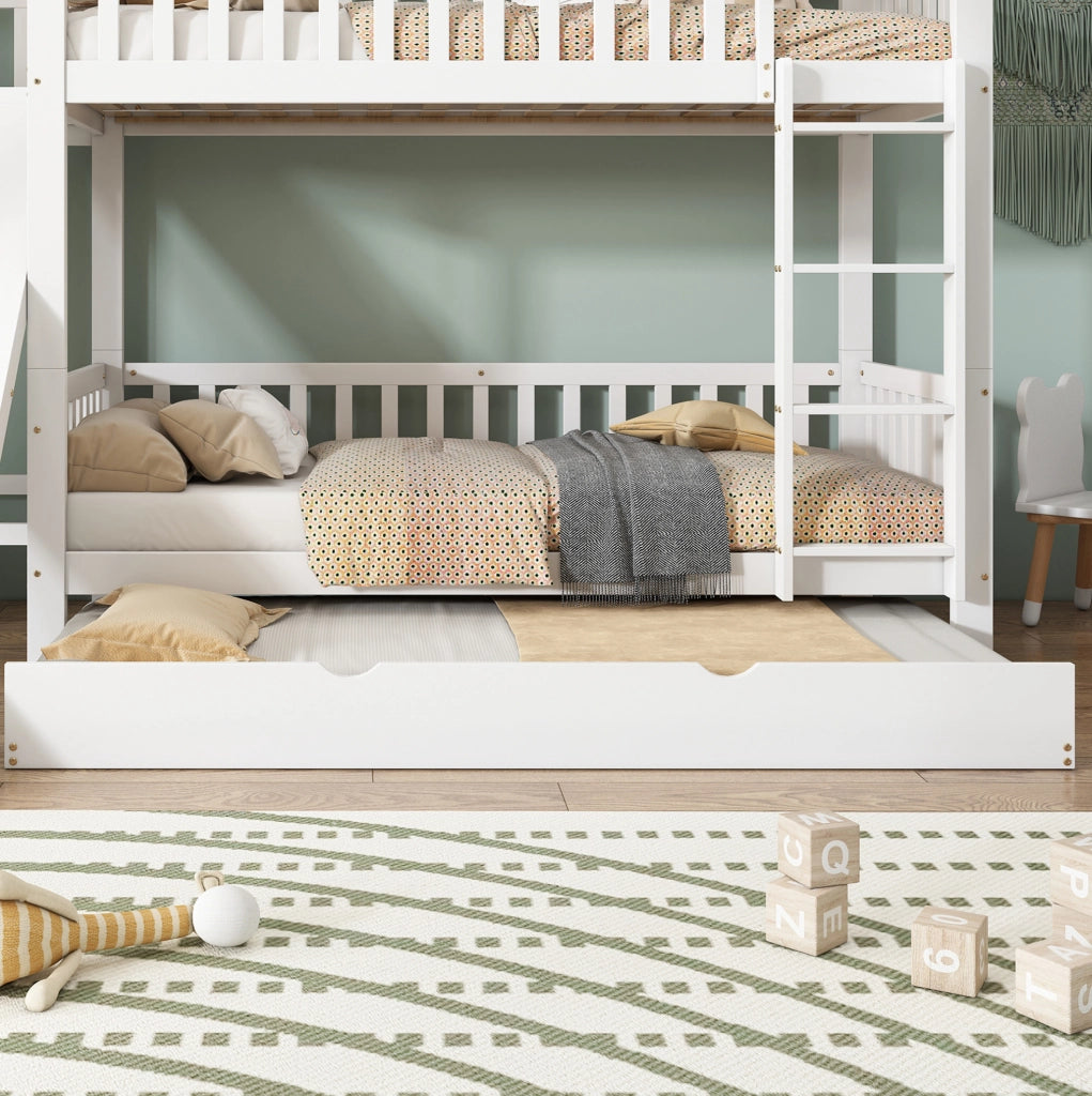 Letto a castello bianco 90x200 cm con letto estraibile, scivolo e scale
