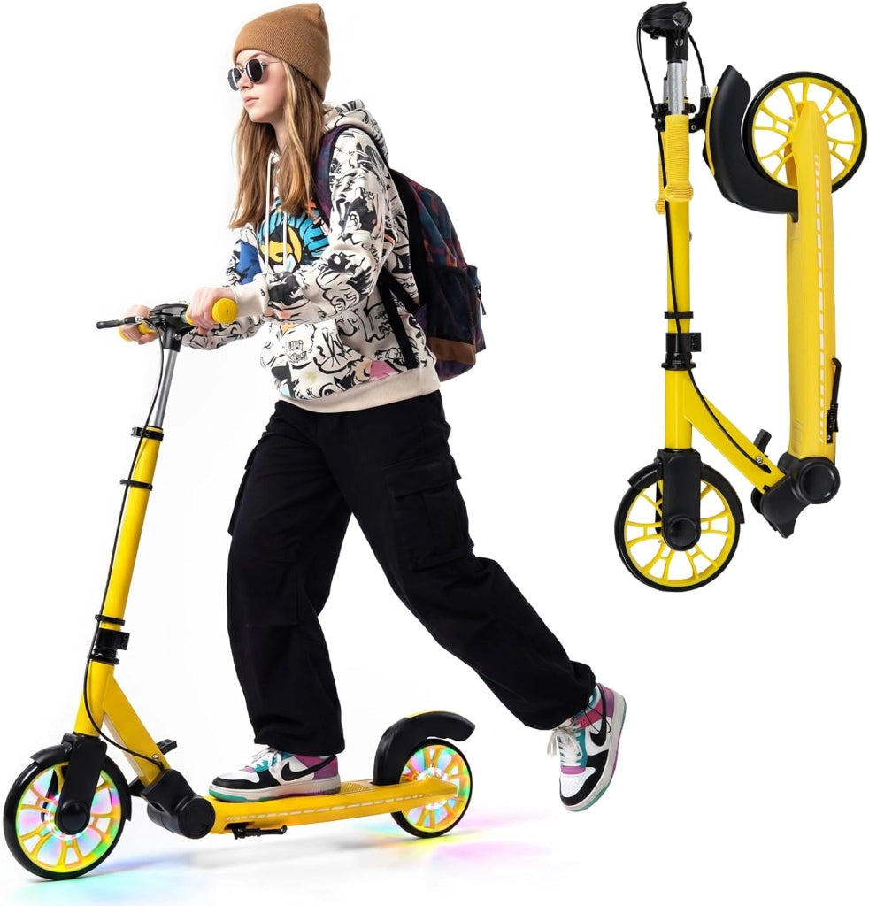 Monopattino Pieghevole con 2 Ruote Luminescenti, Manubrio Regolabile su 3 Altezze, Freno Posteriore, Cavalletto, Telaio in Alluminio Leggero e Pedana Antiscivolo, per Adulti e Bambini