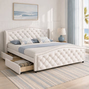 Letto imbottito 140 x 200 cm in PU bianco con rete a doghe, testiera Chesterfield e 2 cassetti contenitore
