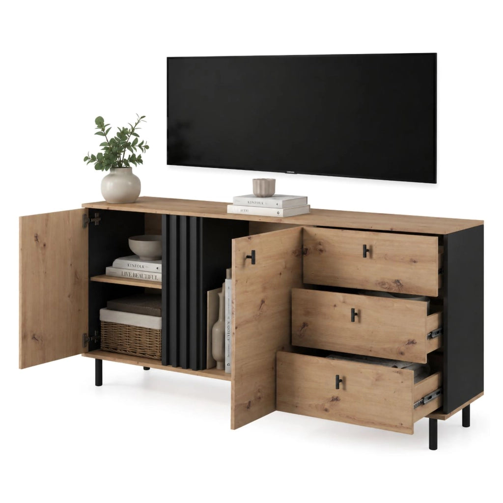 Madia Haradali, Credenza 3 Cassetti, 165x40x82h cm Marrone Rovere Nodi