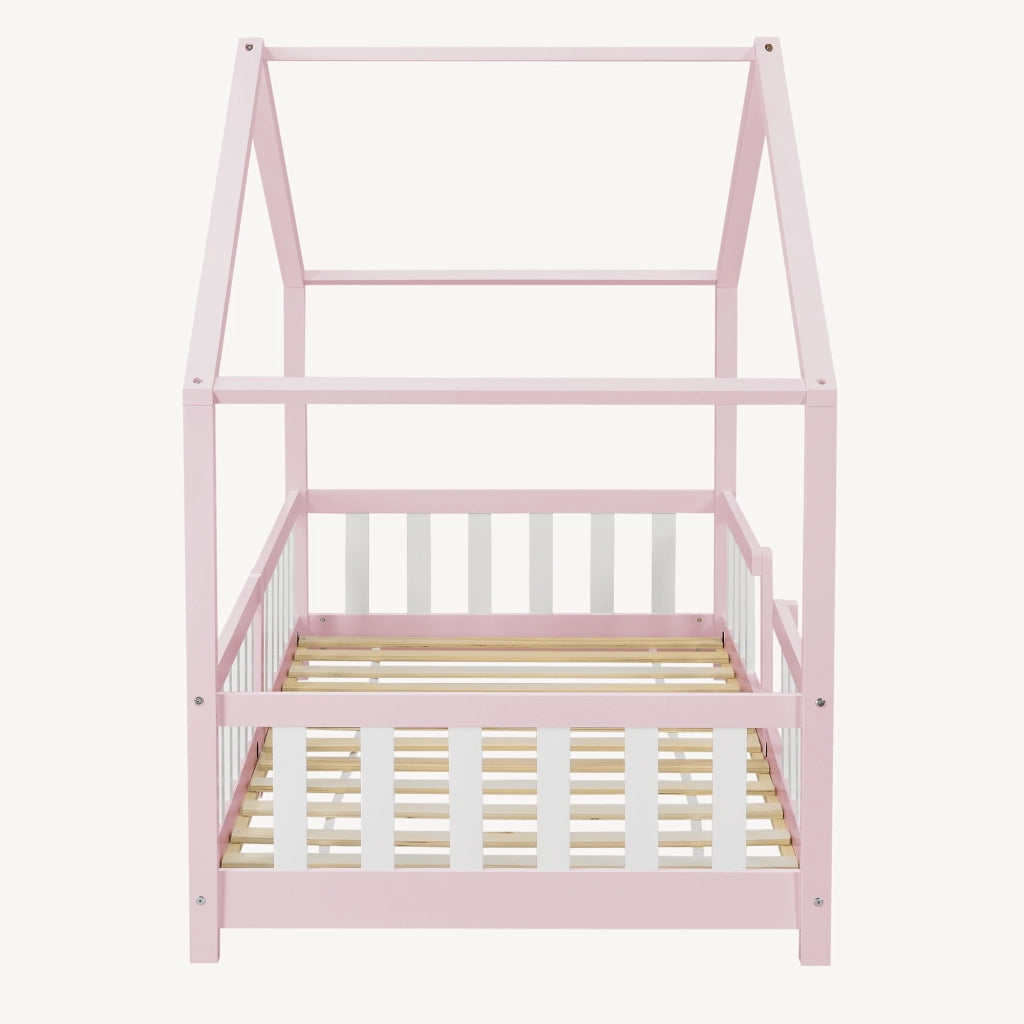 Letto per Cameretta Treviolo a Forma di Casetta in Stile Montessori 90x200 cm Rosa/Bianco [en.casa]