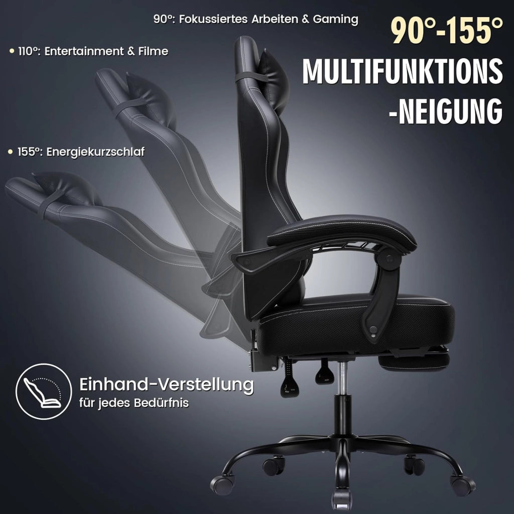 Sedia da gioco, ergonomica, con poggiapiedi, sedia da ufficio, regolabile in altezza, con cuscino lombare, sedia girevole in ecopelle nera