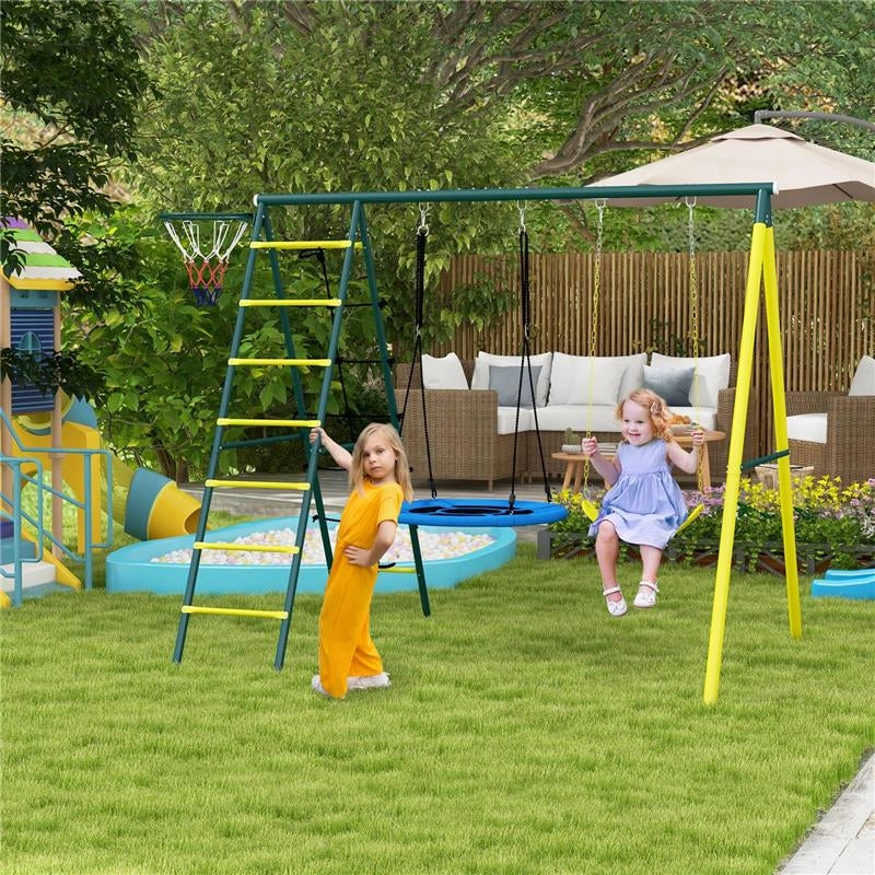SET ALTALENE DA GIARDINO ROTONDA E CLASSICA, SCALETTE IN ACCIAIO E CORDA E CANESTRO PER BAMBINI 3-8 ANNI