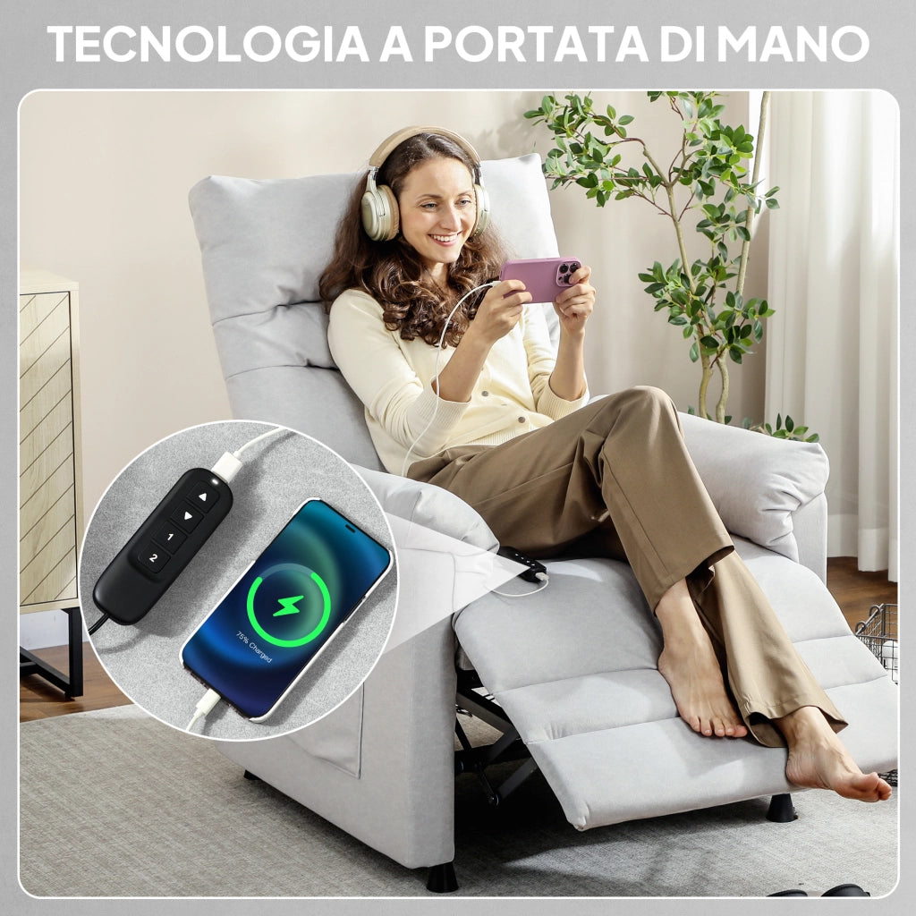 Poltrona Reclinabile con Riscaldamento, 8 Punti Massaggio e 5 Modalità 82x99x106 cm in Tessuto Effetto Velluto Grigio