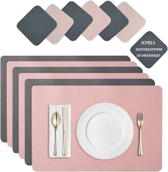 Set placemats in lino reso 6 pezzi lavabili, spessore doppio, dimensioni 45 x 30 cm, colore rosso scuro grigio scuro