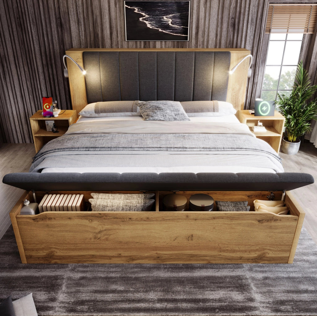 Letto matrimoniale 180x200 cm con comodini, panca e luci USB