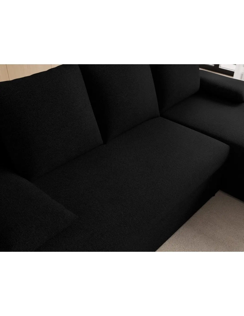 Divano ad angolo Nero 3 posti chaise longue universale 206x90x146cm GINA