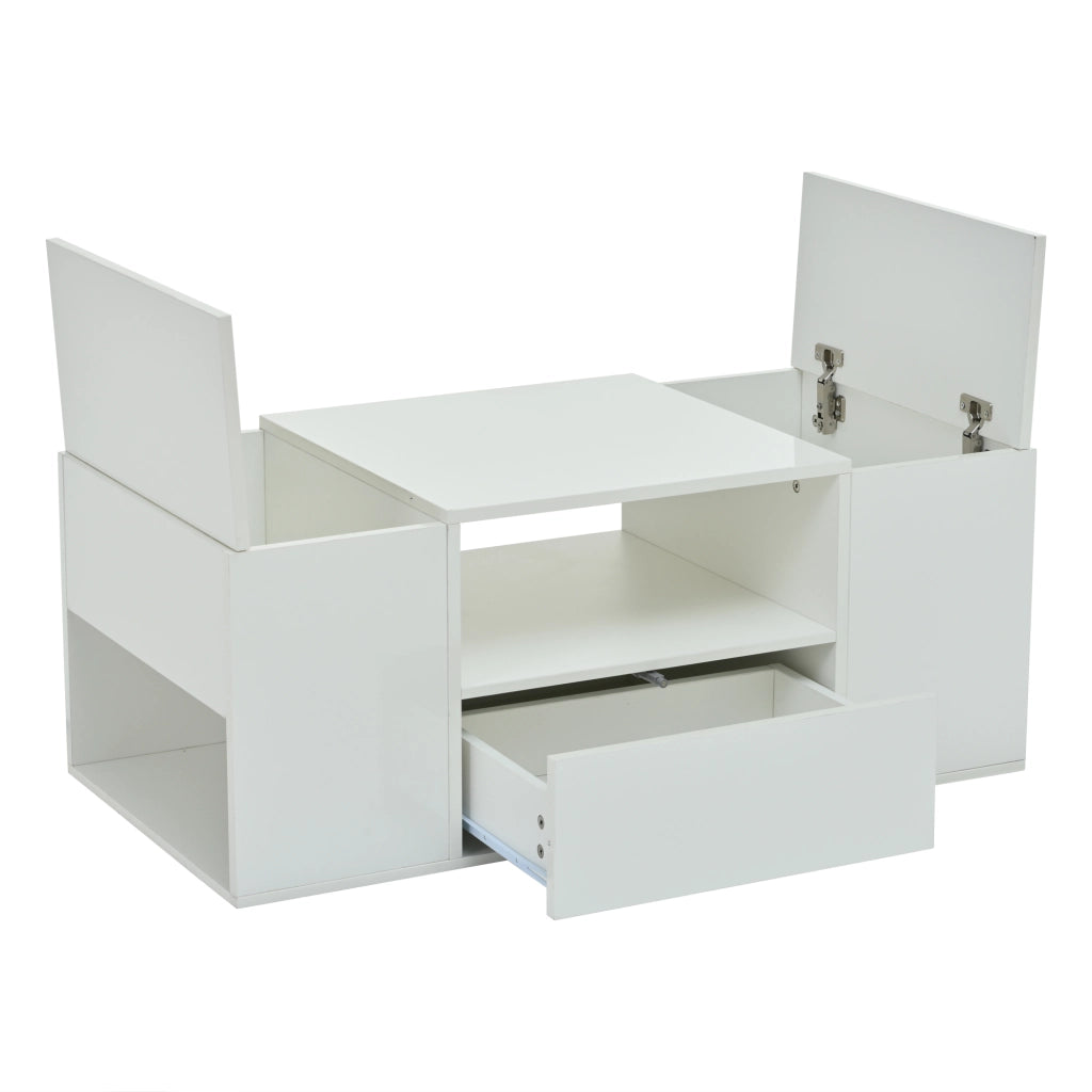 Tavolino basso con 1 cassetto 2 vani chiusi e vano aperto con LED finitura lucida in pannelli di particelle bianco