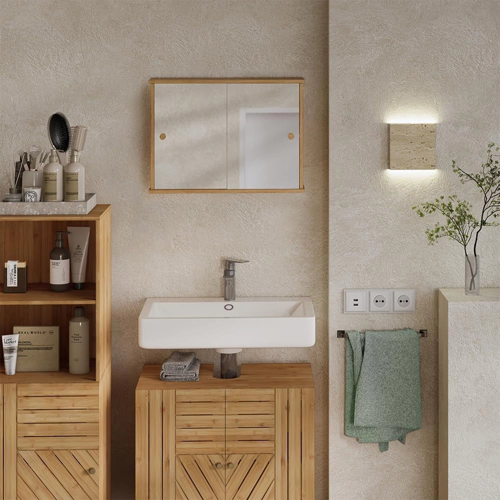 Specchio contenitore bagno Mireo, Bambù, 55 x 40 cm con 2 porte scorrevoli