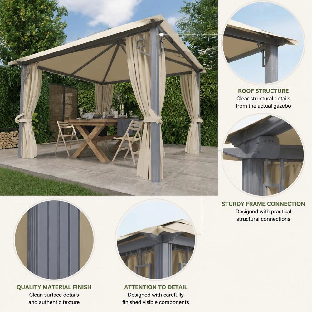 Pavilion With Curtains & LED String Lights 300x300 Cm Cream Aluminum