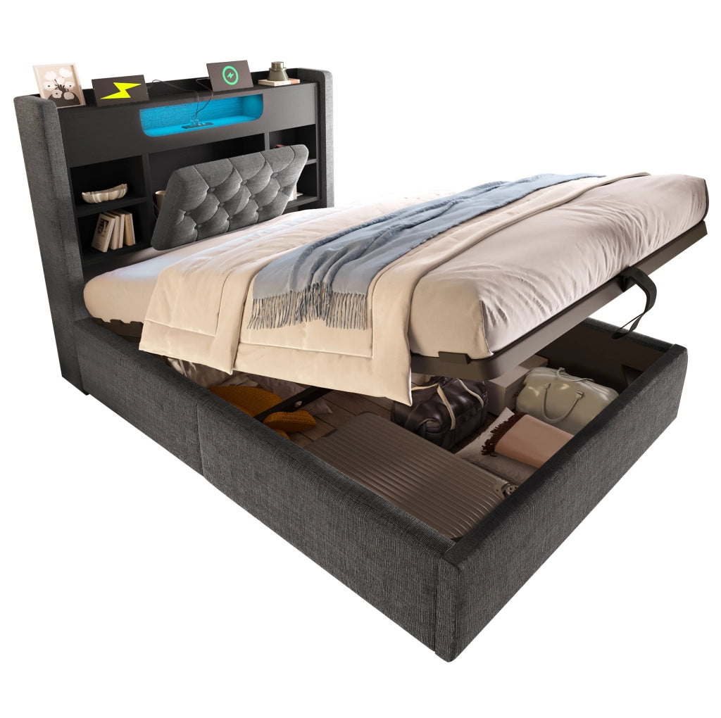 Letto singolo 90x200 cm con contenitore idraulico; LED e porte USB; in lino grigio