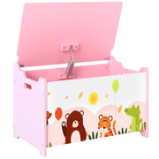 BAULE PORTAGIOCHI PER BAMBINI CON CERNIERE DI SICUREZZA IN LEGNO CON DISEGNI DI ANIMALI, 60X37X39 CM, ROSA