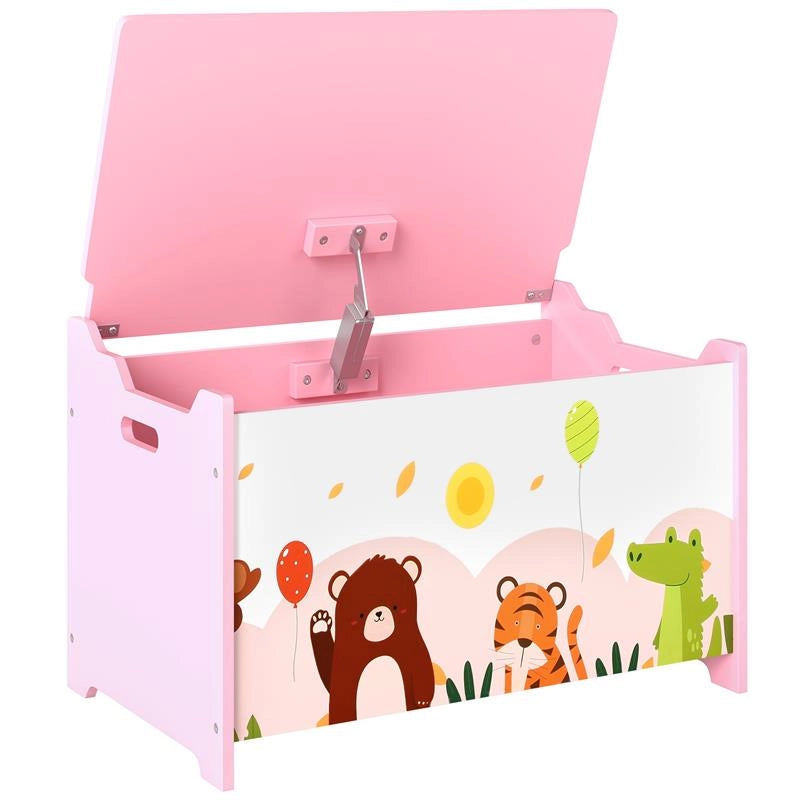 BAULE PORTAGIOCHI PER BAMBINI CON CERNIERE DI SICUREZZA IN LEGNO CON DISEGNI DI ANIMALI, 60X37X39 CM, ROSA