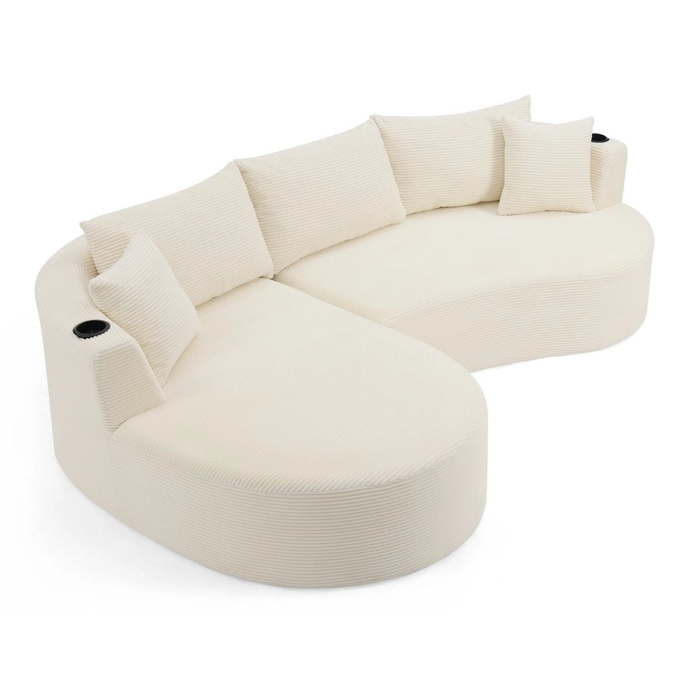 Divano 3 Posti con Chaise Longue Sinistra e Cuscini ¨C Xylo ¨C Beige, Tessuto a Coste, con Portabicchieri