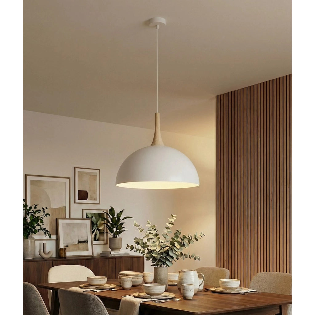 Lampada a sospensione Nautica in acciaio bianco opaco e legno