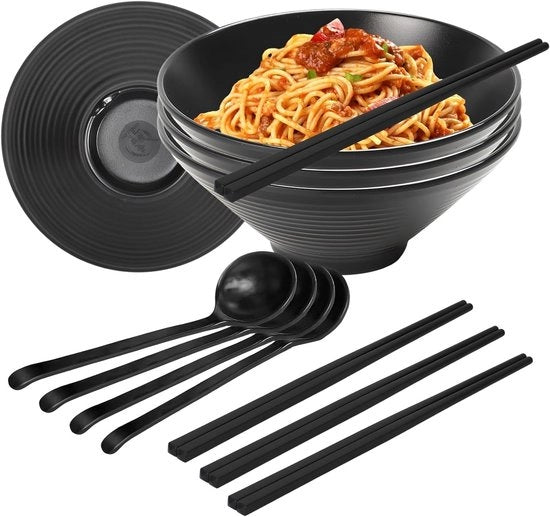 Insalata di 4 Scodelle in Melamina da 1600ml con Cucchiai e Forchette - Ideale per Zuppe, Insalate e Noodles