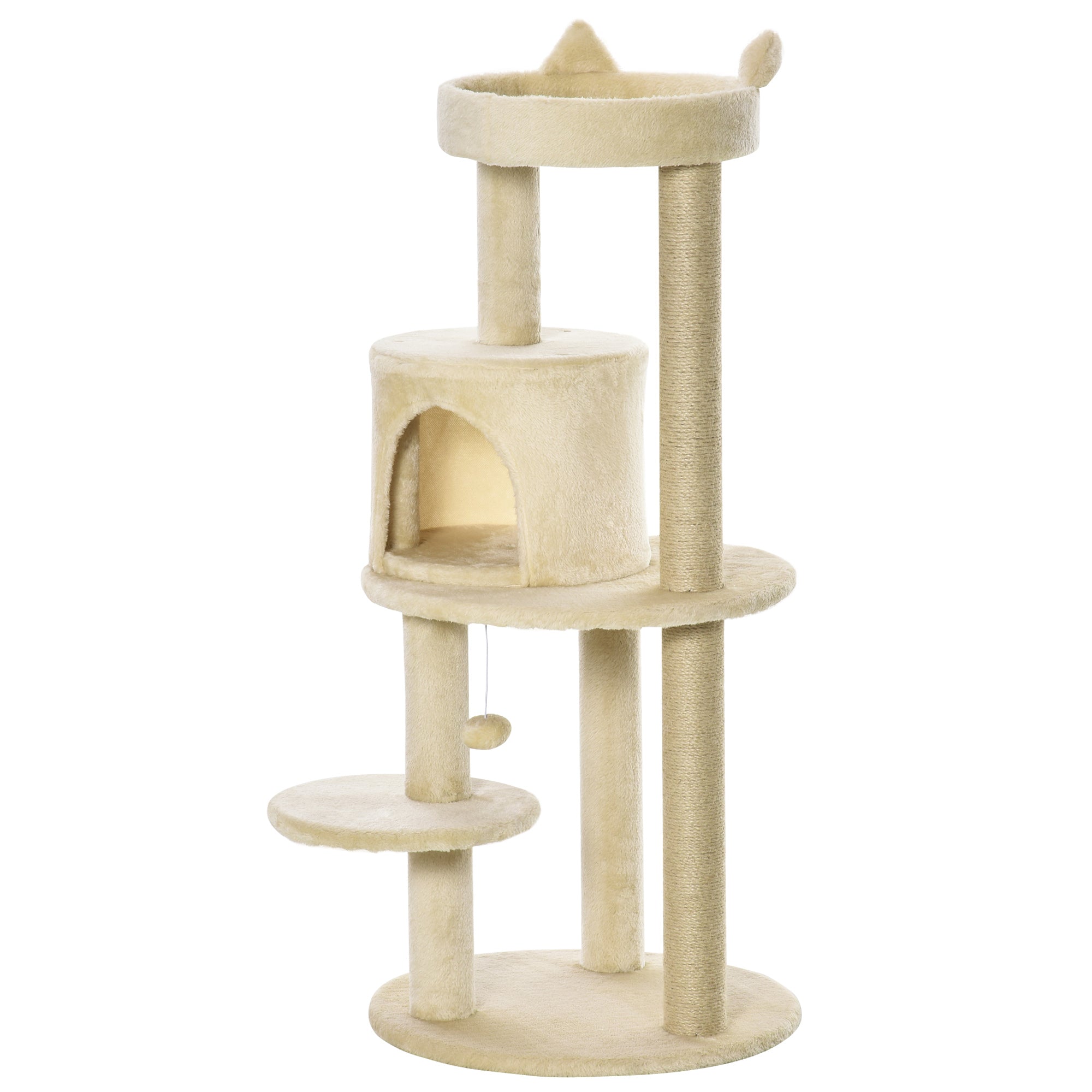 Albero Tiragraffi per Gatti con Cuccia e Piattaforma 104H cm Rivestimento in Sisal e Peluche Bianco Crema
