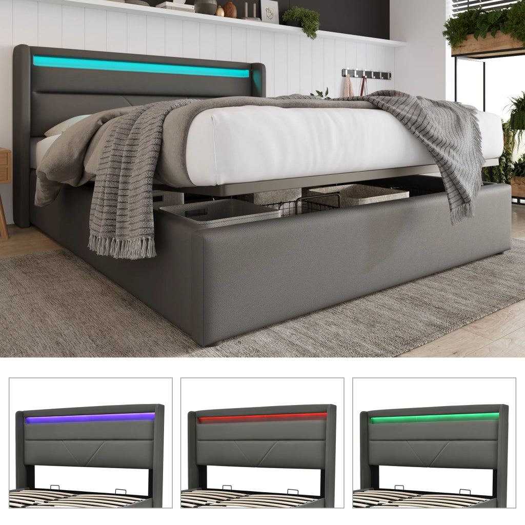 OKWISH Letto Contenitore 160×200 cm, Letto Matrimoniale con Luce LED Regolabile, Telecomando e Sollevamento Idraulico, senza Materasso, PU, Grigio