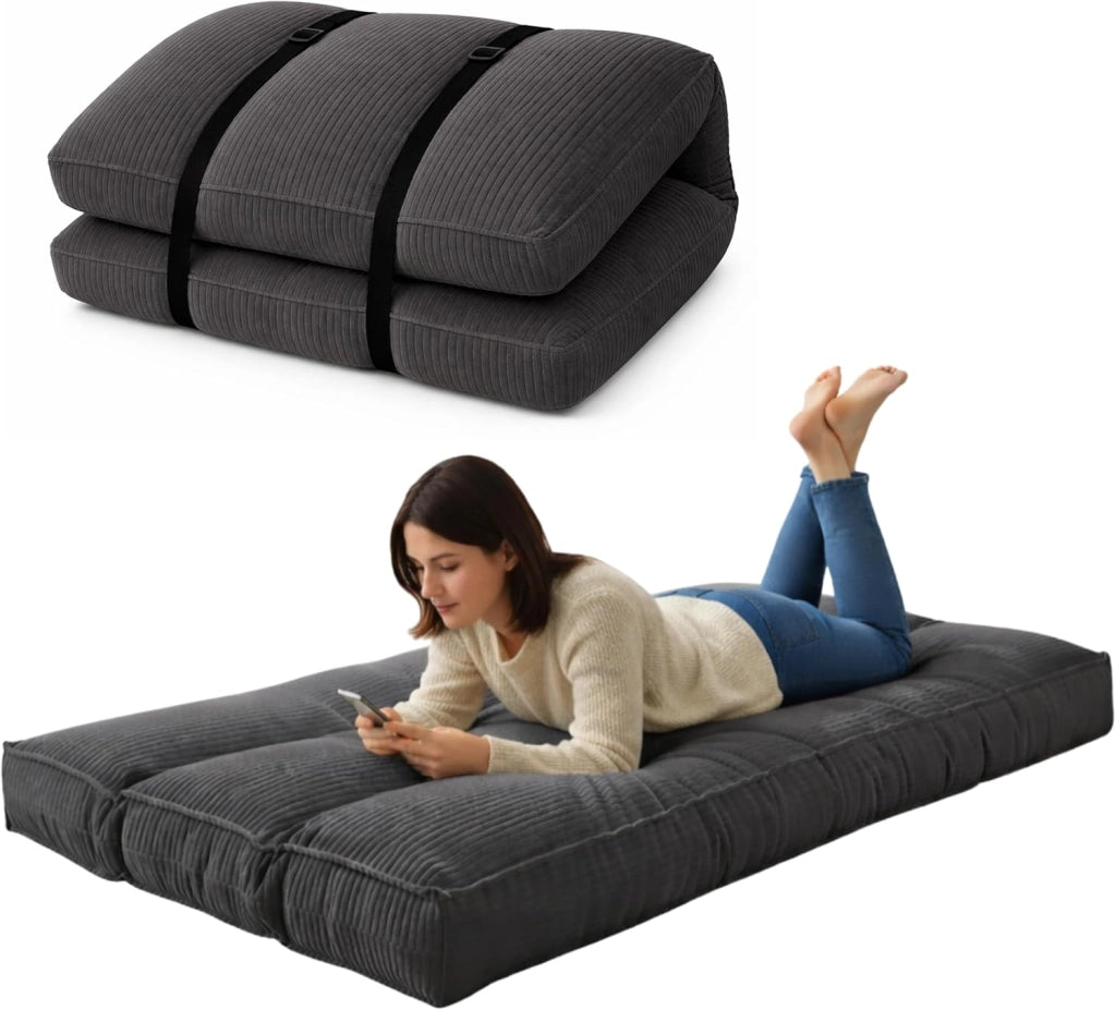 Futon Giapponese 1 Persona Comodo e Spesso, Prodotto in Francia, Sfoderabile, Materassino Pieghevole, Tatami Giapponese Pratico–Letto Singolo, Cinghia di Fissaggio inclusa (90 x 190 cm, Grigio Scuro)