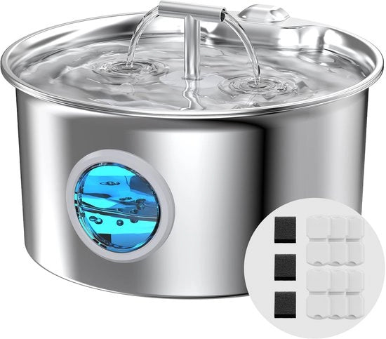Fonteino per gatti in acciaio inossidabile: fonteino per gatti - 2,6L fonteino silenzioso per gatti - con 6 filtri a carbone attivi + 3 spugne - finestra del livello dell'acqua con illuminazione LED