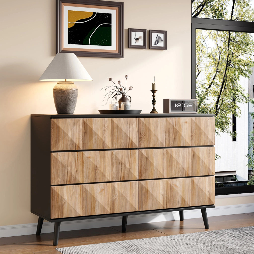 Sideboard in nero e legno naturale con 6 cassetti elevati e struttura robusta 120x40x85 cm