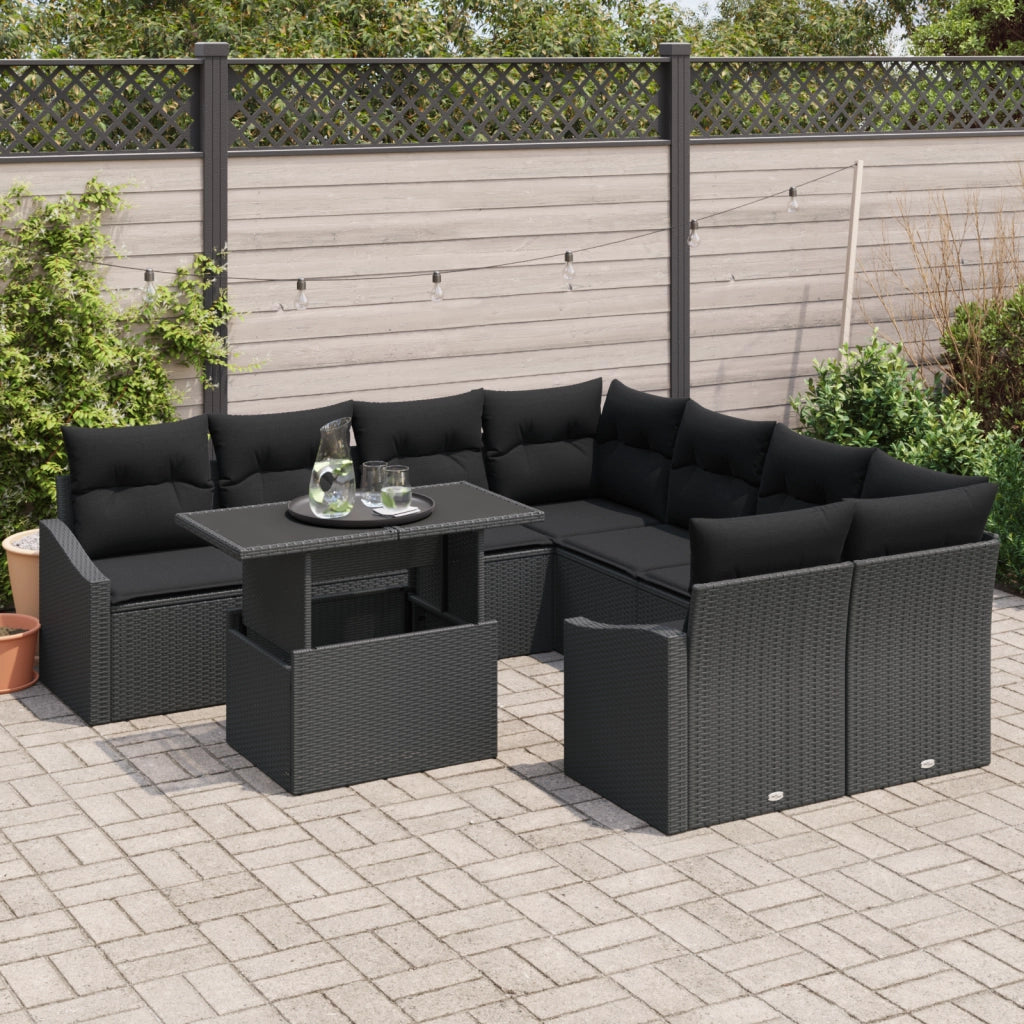 Set divani da giardino 9 pezzi con cuscini Nero Polyrattan