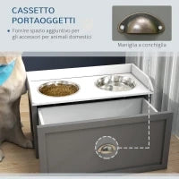 Ciotole per Cani Rialzate in Acciaio Inox e Legno con Cassetto, 60x30x36cm, Grigio