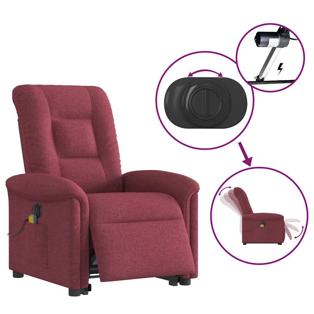 vidaXL Poltrona Alzapersona Massaggiante Elettrica Rosso Vino Tessuto