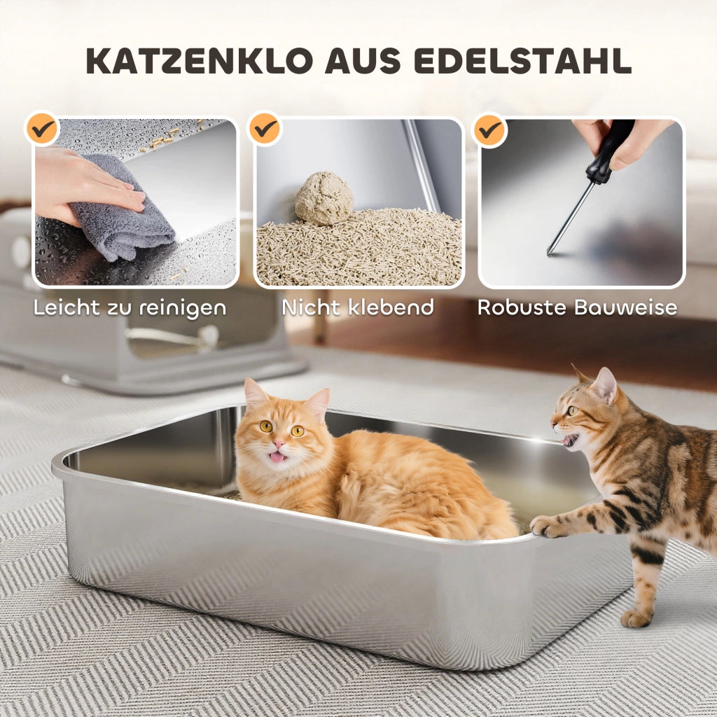 Lettiera per Gatti XXL in Acciaio Inox ¨C Xylo ¨C Con Coperchio Ribaltabile e Paletta, fino a 15 kg