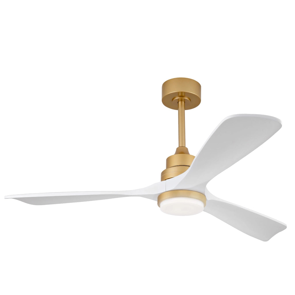 Desviae Ventilatore da soffitto con luce da 52 pollici in metallo e legno bianco e oro con telecomando e motore DC reversibile