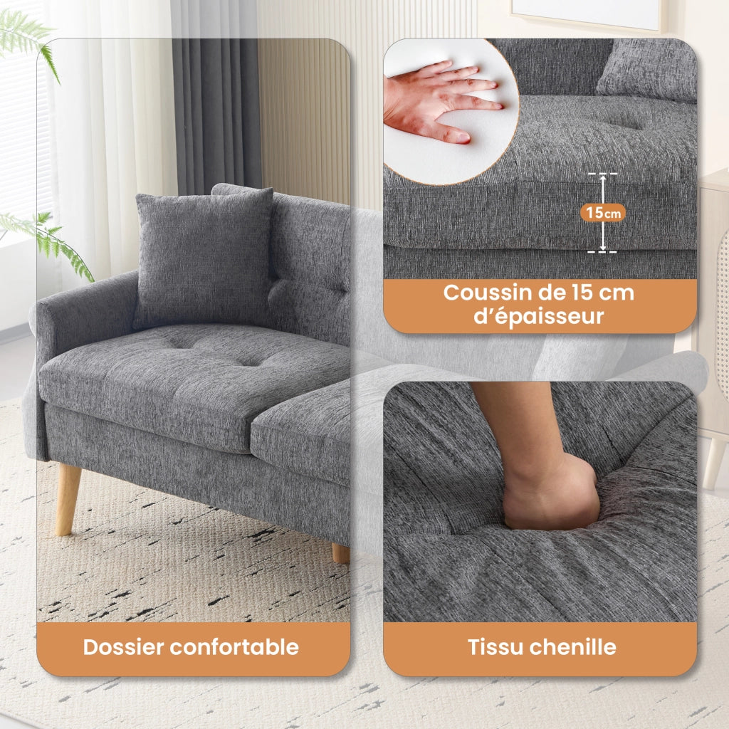 OKWISH Divano 2 Posti con Cuscini, Seduta Spessa 15 cm e Braccioli Ergonomici, Ciniglia Grigio, 162 x 74 x 77 cm