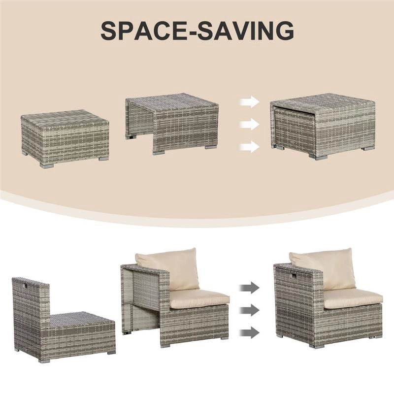 SALOTTO DA GIARDINO IN RATTAN  CON POLTRONE TAVOLINI E SGABELLI BEIGE E GRIGIO