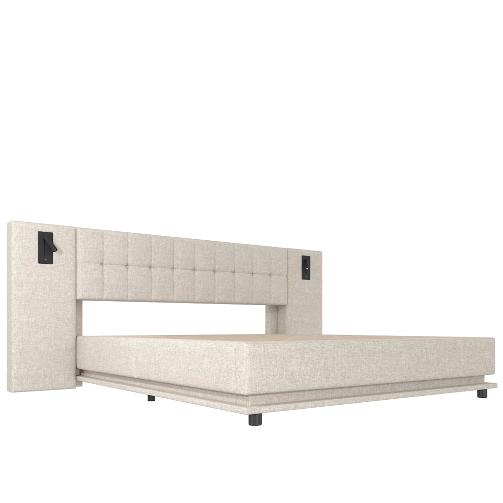 OKWISH Letto Imbottito 180×200 cm, Letto Matrimoniale con LED Regolabile, USB e Lampada da Lettura, senza Materasso, Lino, Beige