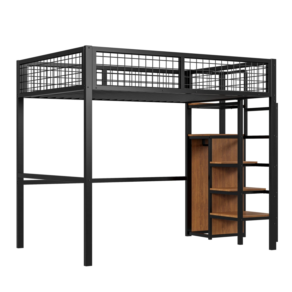 Letto a soppalco 140x200 cm nero in metallo con scala e armadio