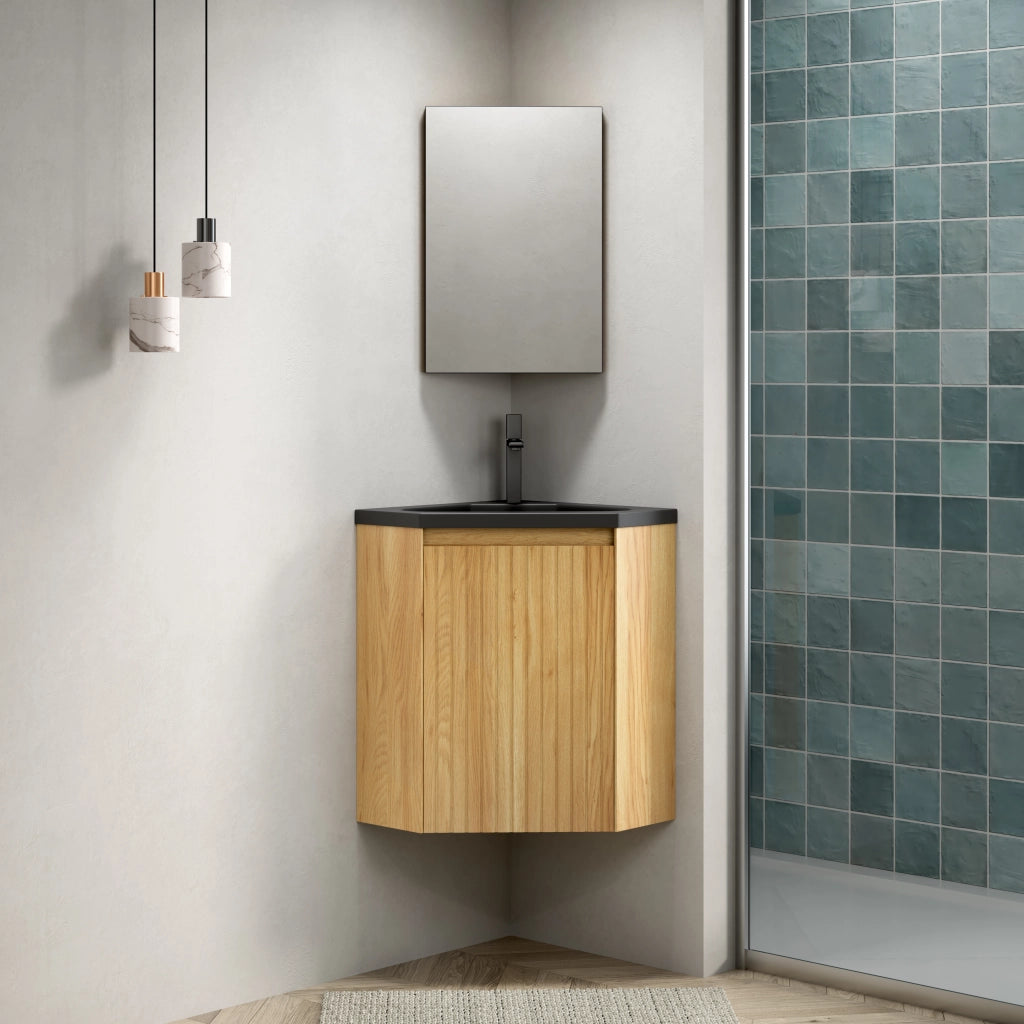 MOBILE BAGNO ANGOLARE 38 cm con lavabo integrato in resina nero e legno naturale