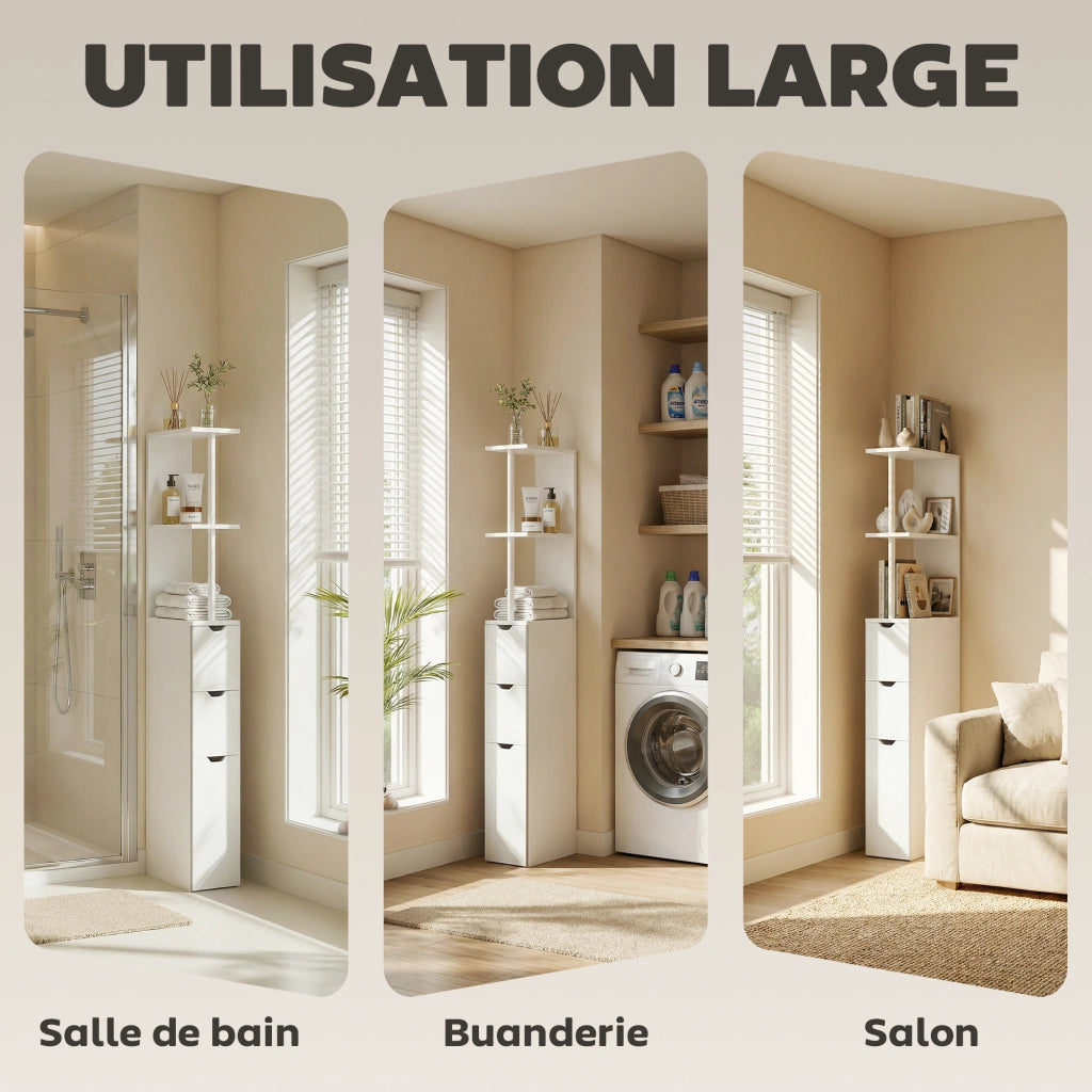 Mobile colonna bagno con cassetto e ripiani ¨C zephmum ¨C 15x33x136.8 cm bianco