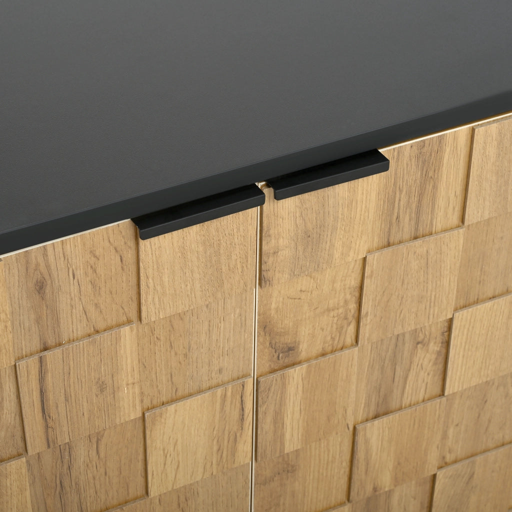 Credenza a 2 ante con ripiano fisso, effetto mosaico, per soggiorno, in truciolato, naturale e nero, 160 × 35 × 80,5 cm