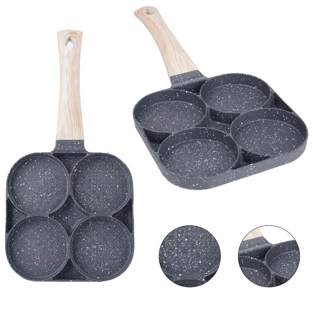 Trade Shop - Padella Antiaderente A 4 Fori Per Uova Pancake Manico In Legno Accessori Cucina 624386 -