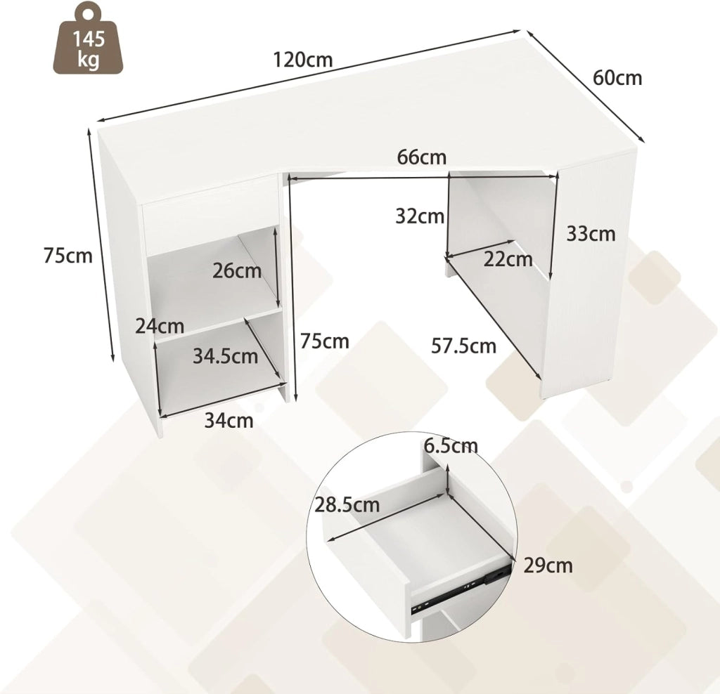 Scrivania per computer a forma di L, 120 x 60 x 75 cm, scrivania ad angolo con cassetti e ripiani aperti, design salvaspazio, tavolo ad angolo per camera da letto, ufficio (bianco)