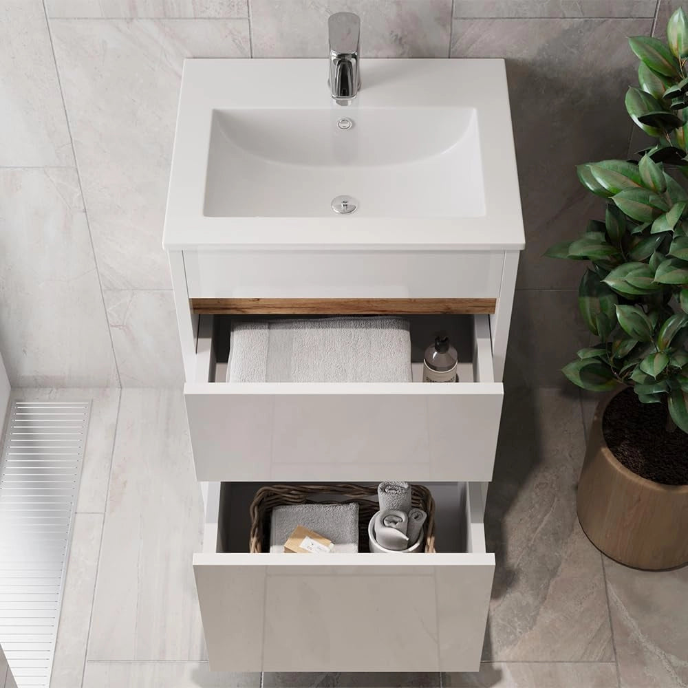 Set mobili bagno Detmold, Bianco lucido/oro power oak, 49 cm, composto da mobile sottolavabo e lavabo